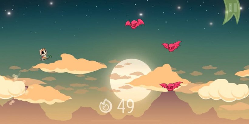 skeleton hero flying past clouds towards red-winged skulls