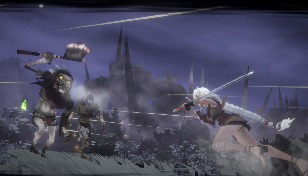 a swordswoman charging at a monster