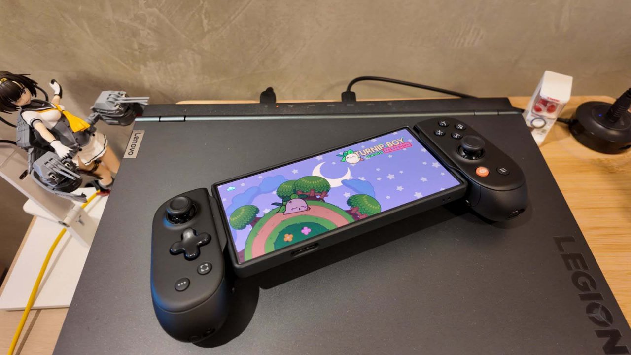 backbone pro on top of a laptop with turnip boy game on