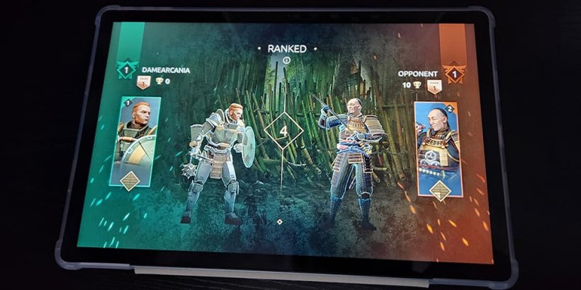 Front view of blue Blackview Mega 8 Tablet with SHadow Fighter 4 on screen