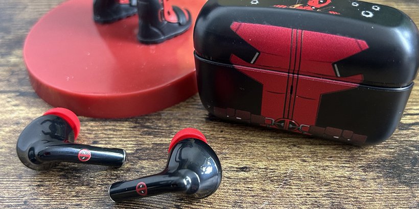 Close up of the Cable Guys Buds Deadpool