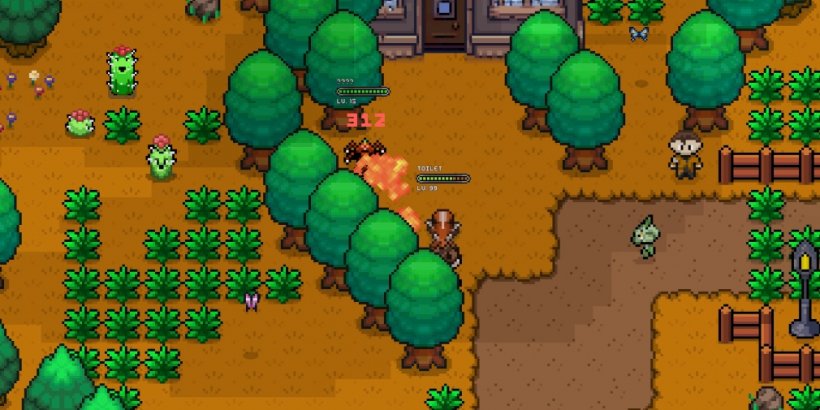 Two creatures do battle in a forest with very few trees