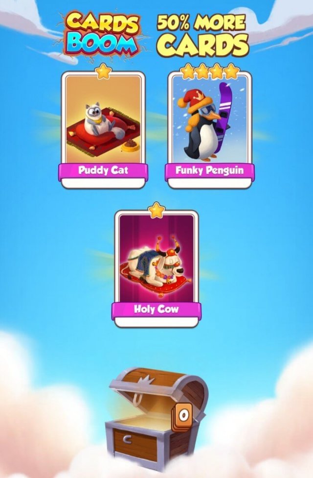 a wooden chest with three cards from inside