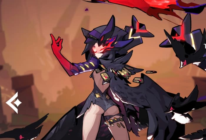 Coronis surrounded by crows and charging a floating red arrow