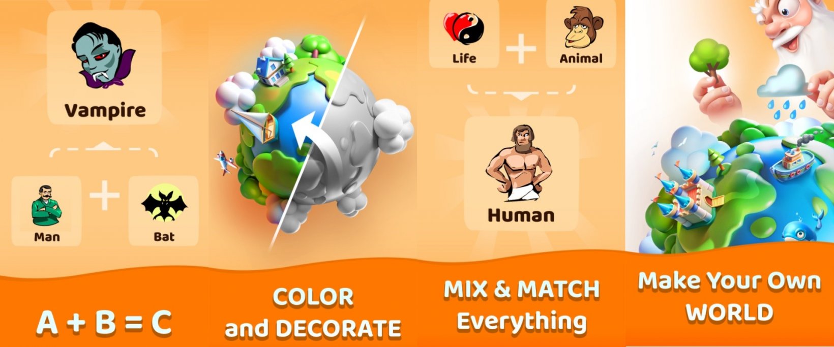 elements being merge to create a planet with humans and animals