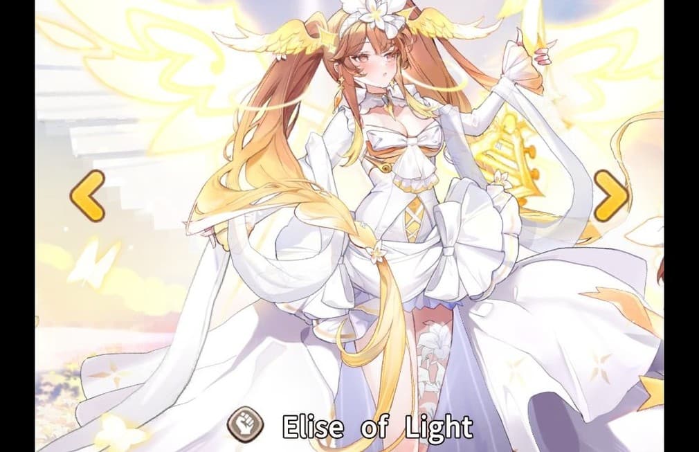 Elise of light wearing white dress with golden wings and long hair