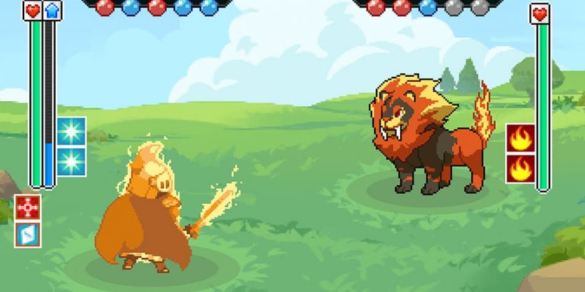 Knight-like Armight Creo battling a firey lion-like creo