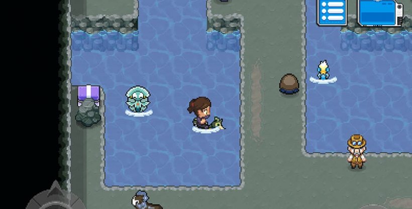 Brunette female evoker riding on a swimming creo in a pool of water within a cave