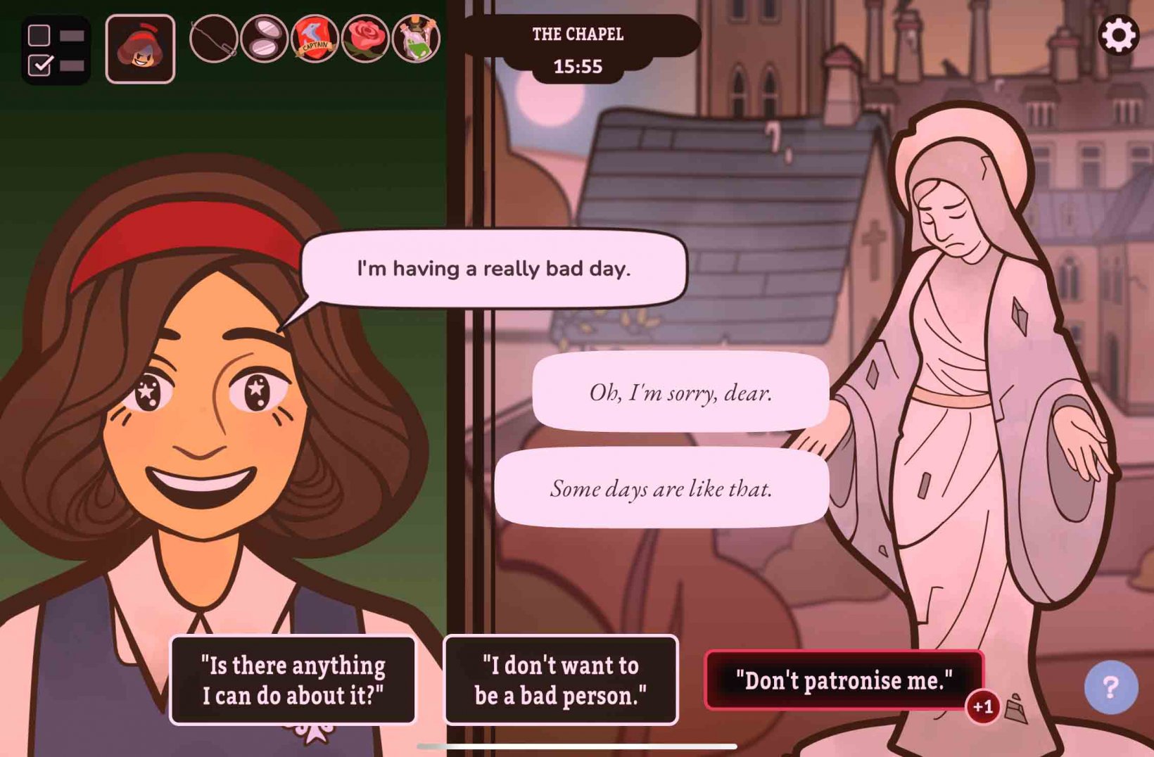 a girl talking to a statue with dialogue choices