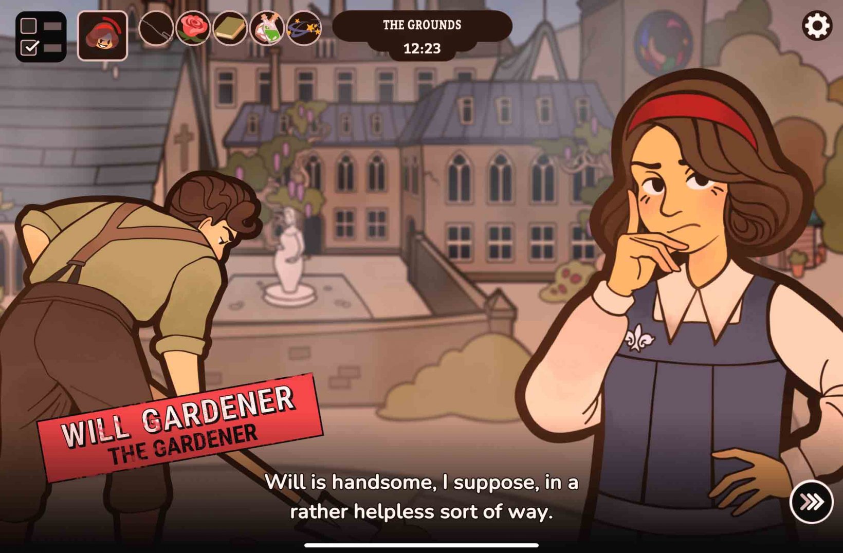 a girl in a prep school uniform and a boy wearing gardener clothes