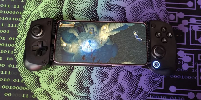 Black GameSir X5 Lite with phone connected playing Baldur's Gate Dark Alliance