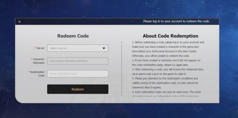 Screenshot of official redemption website for Honkai Star Rail codes