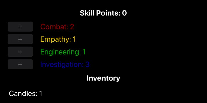 attribute screen showing combat, empathy, engineering and investigation levels