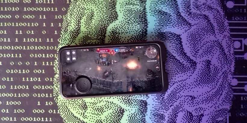 Phone with attached Puk Thumbstick playing Vampire's Fall 2