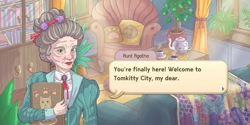 Aunt Agatha in her cozy living room holding a brown books with a cat on it