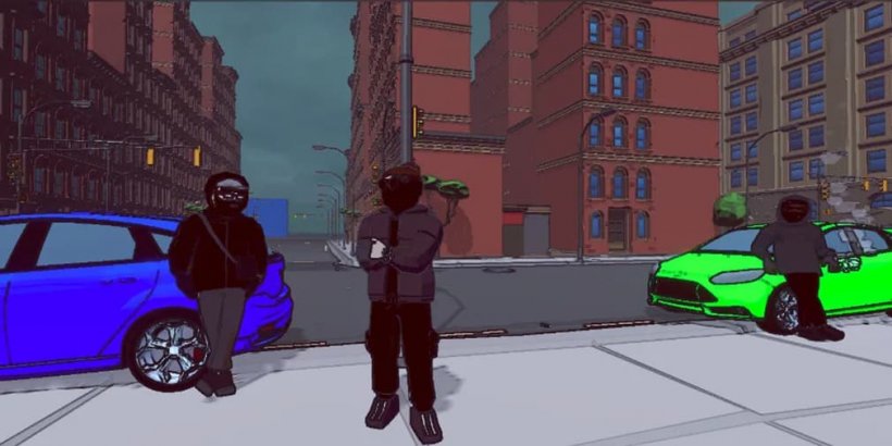 A picture of three low-poly characters lounging against a car