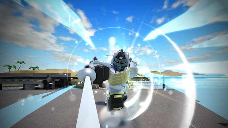 Silver Chariot standing on the docks shooting a beam