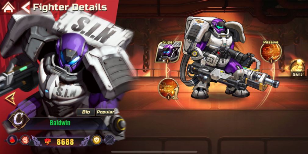 Baldwin in a metal armor holding two miniguns