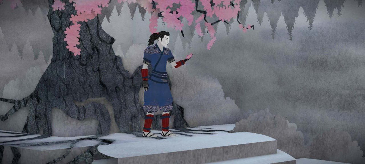 a man looking at a fallen petal