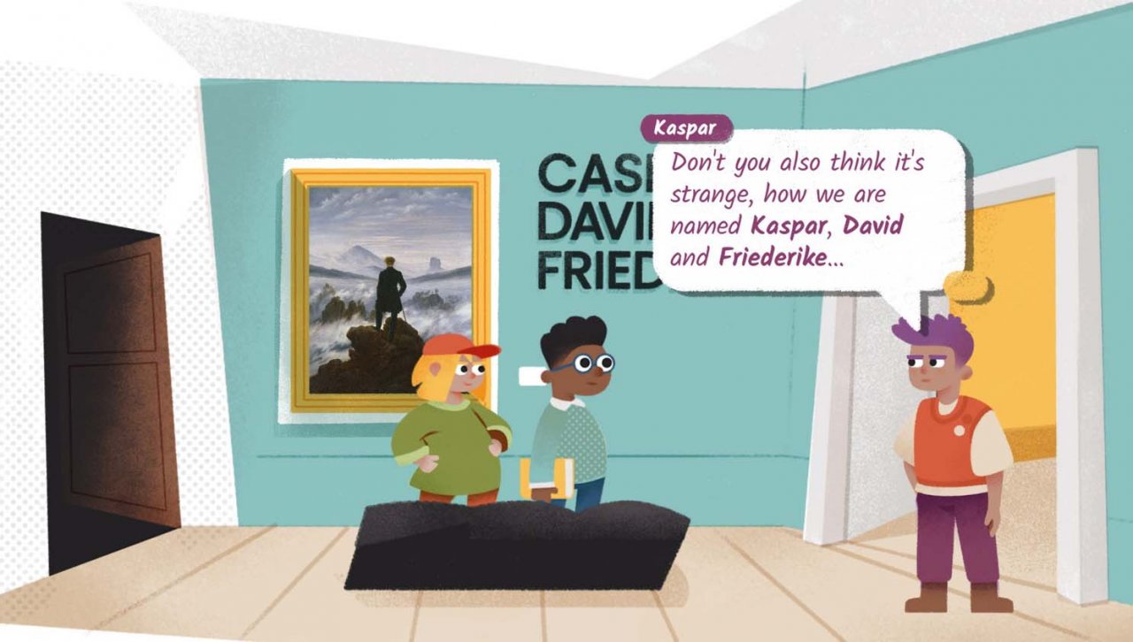 three boys talking in an art museum