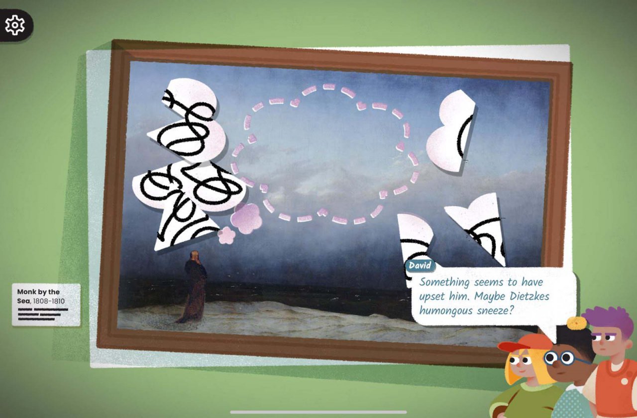 three boys looking at a painting in disarray