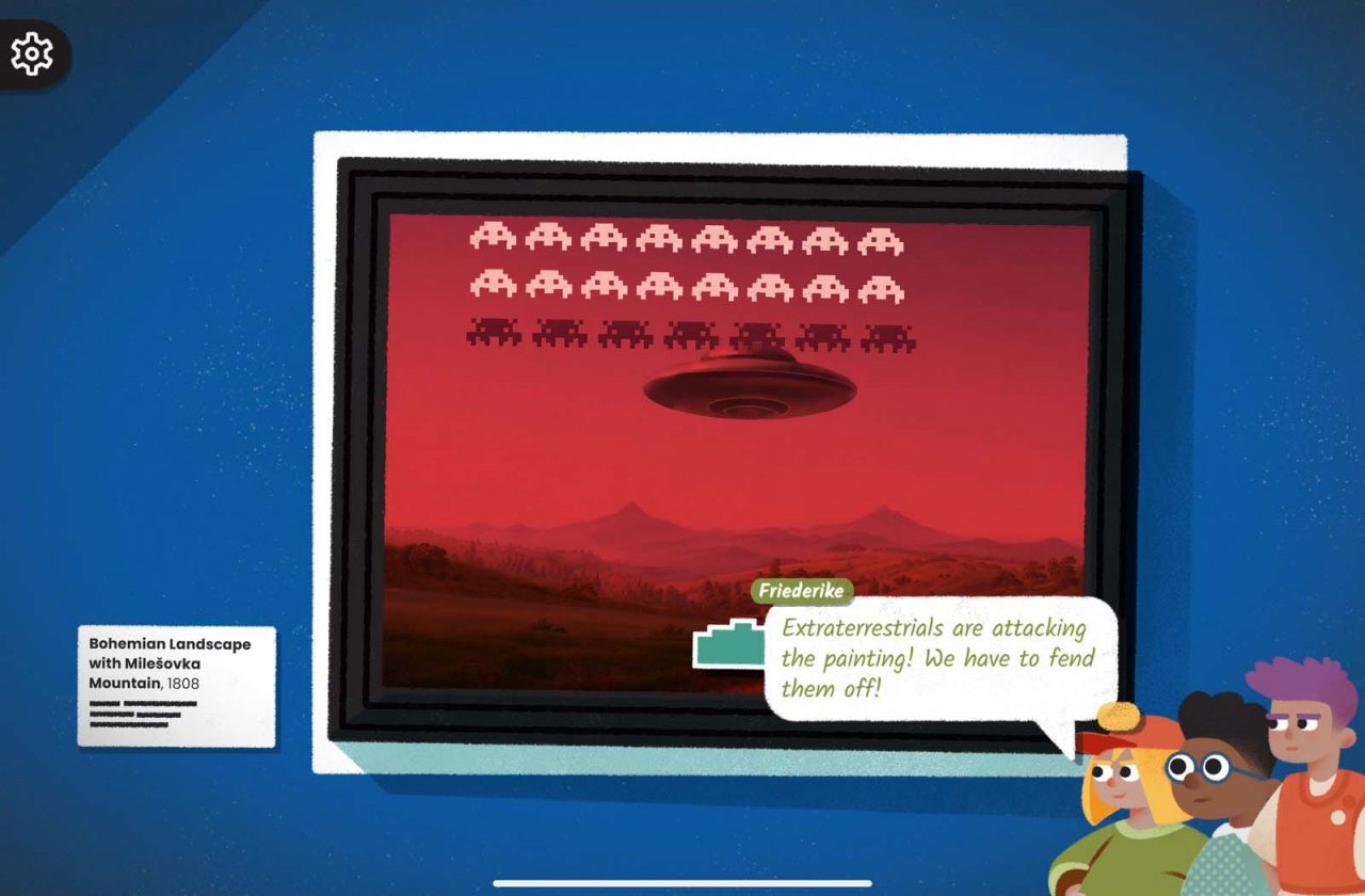 three boys looking at a painting with pixelated aliens