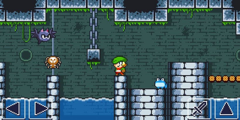 Treasure hunter Timmy standing on a stone platform facing a spider and a bat