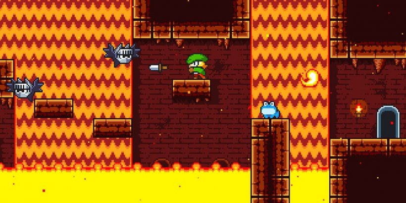 Treasure hunter Timy throwing a knife at a bat while standing on a platform surrounded by lava