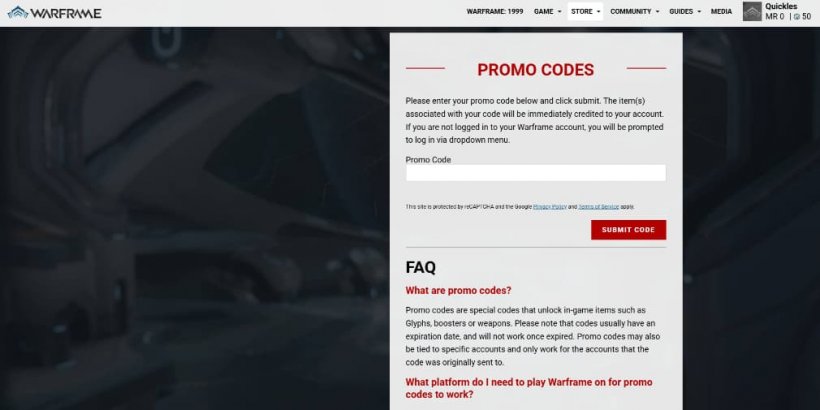 The Warframe website Redeem Code screen.